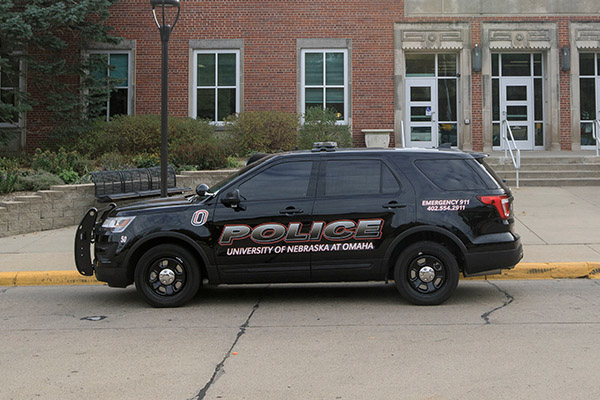 UNO police cruiser parked outside the Eppley Administration Building