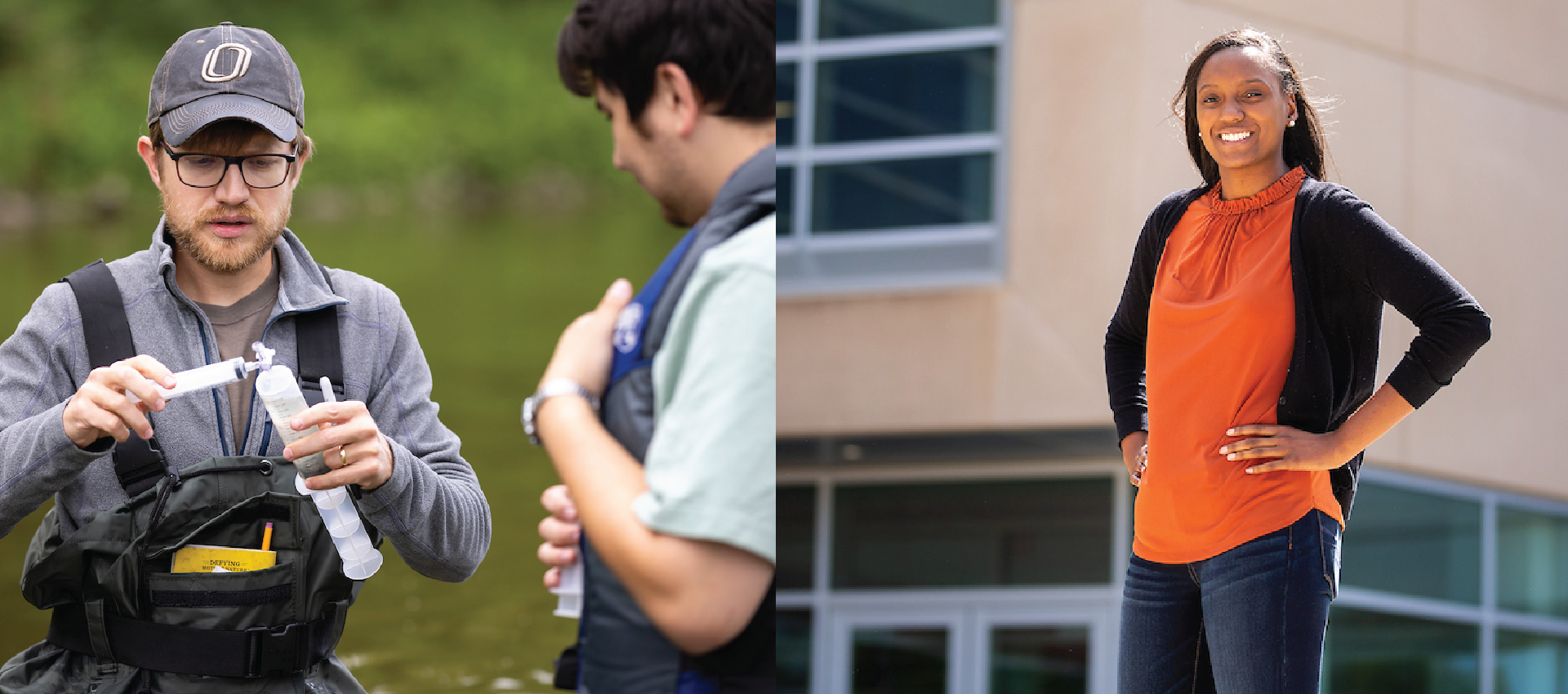 two young men working in a river for freshwater ecology class and a young woman of color stands outside mammel hall, confidently smiling at the camera