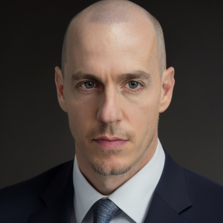 A bald man wearing a suite looking at the camera