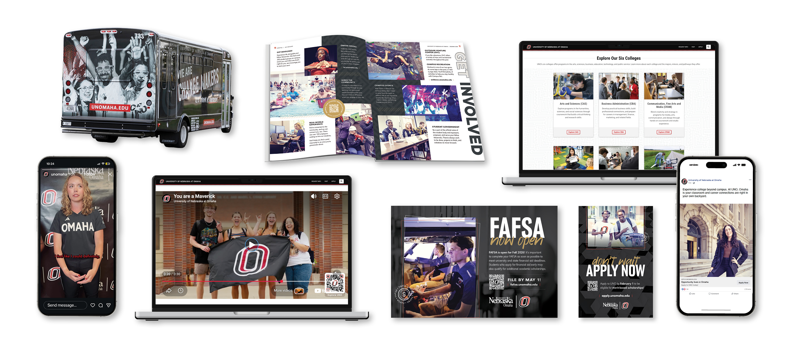 Examples of student photos in marketing materials including social media, the website, postcards, a campus shuttle wrap, and a commercial.