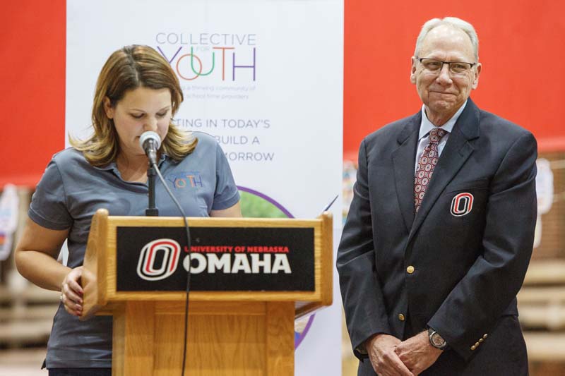 In celebration of years of support for Omaha afterschool programming, University of Nebraska at Omaha (UNO) Chancellor John Christensen was honored with an award