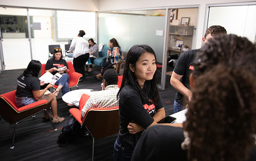students sitting in the SLI office.