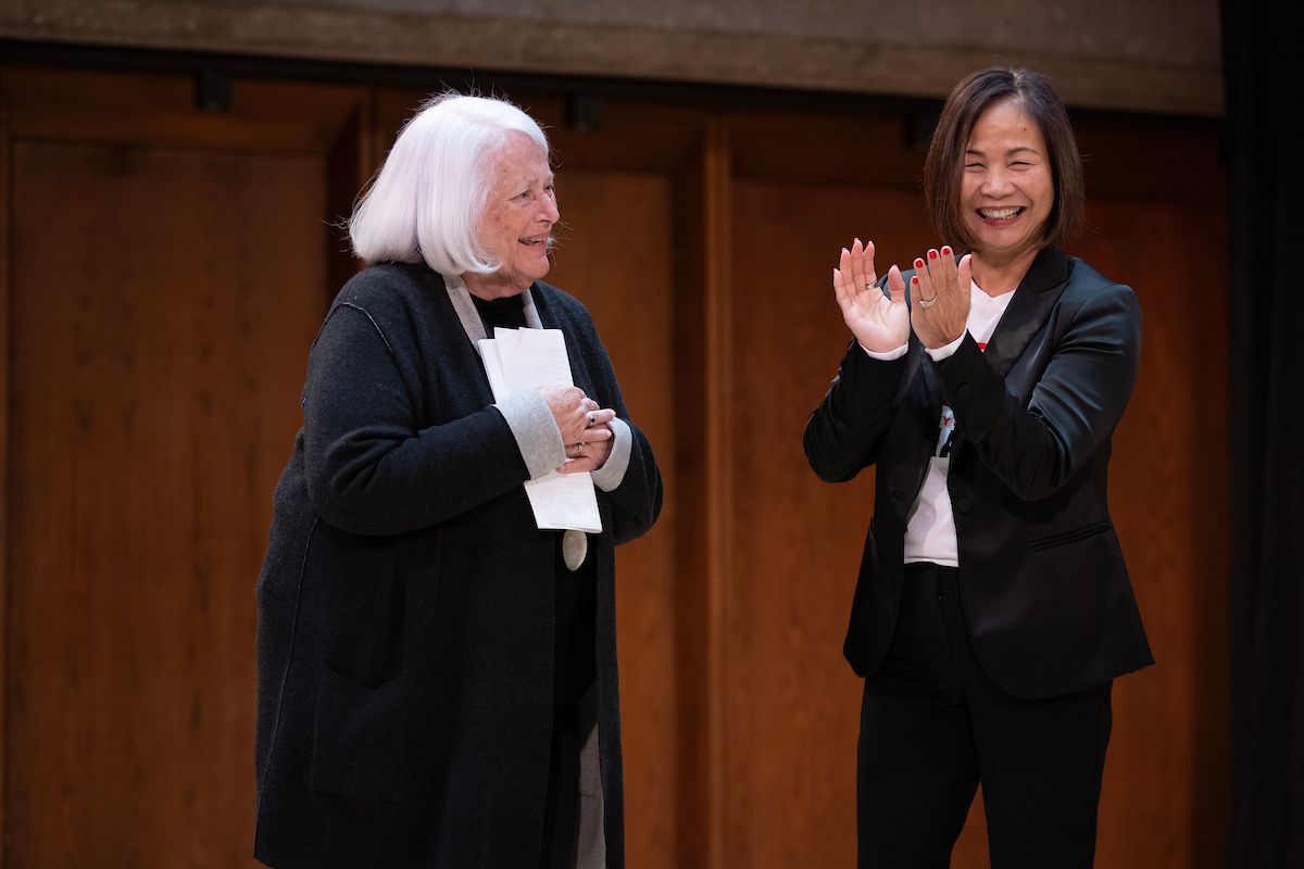 Chancellor Li standing with Regent Barbara Weitz