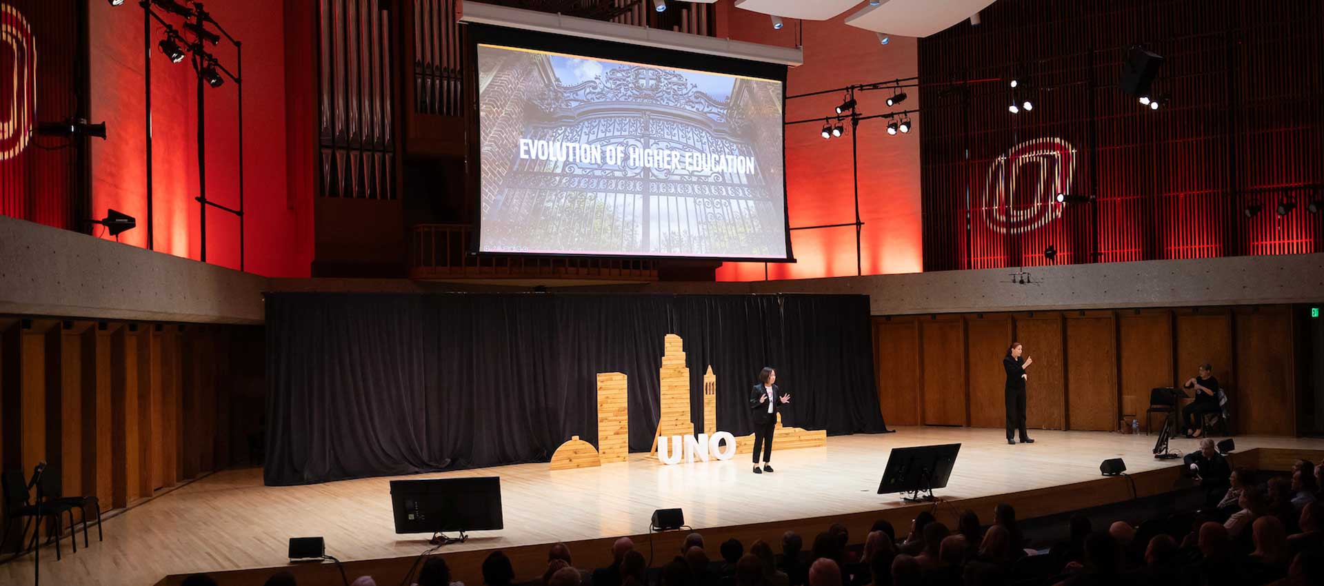 Chancellor Li on stage in the Strauss Performing Arts Center