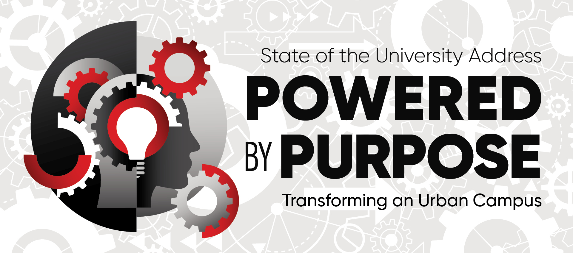 a colorful graphic with the title powered by purpose announcing the 2025 state of the university speech