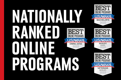 The words "Nationally Ranked Online Programs" on black background with U.S. News and World Reports awards badges from 2022