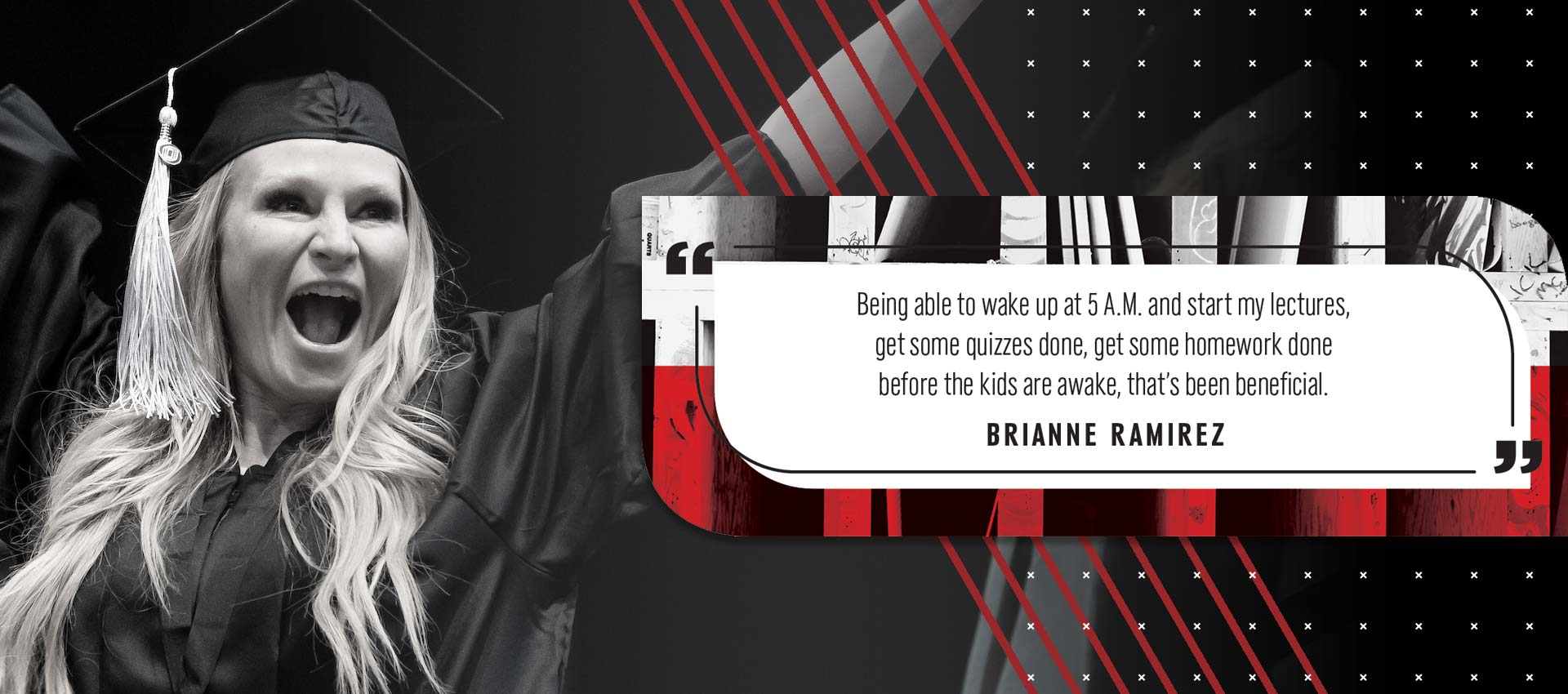 a uno student in graduation attire smiles and cheers