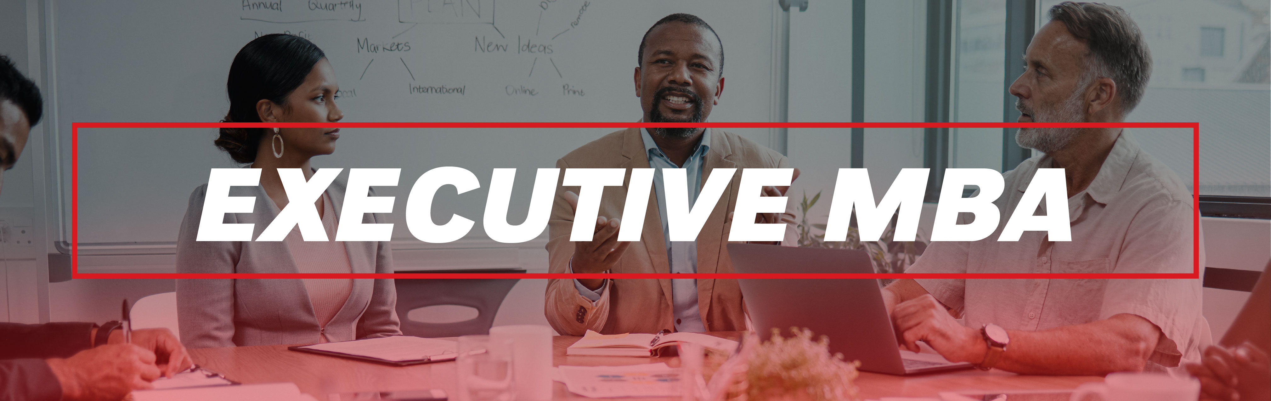 A professional setting where diverse business professionals are engaged in discussion, with "EXECUTIVE MBA" displayed prominently in bold white text within a red border.
