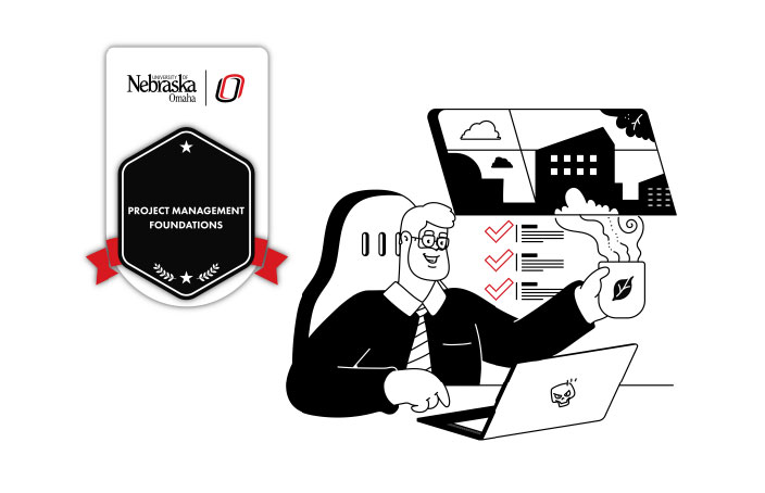 Visual card promoting a Project Management course or microcredential, possibly including course length, format, or call-to-action.