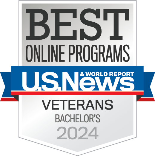 U.S. News & World Report badge for Best Online Programs, specific to bachelor's degree programs for veterans in 2024.