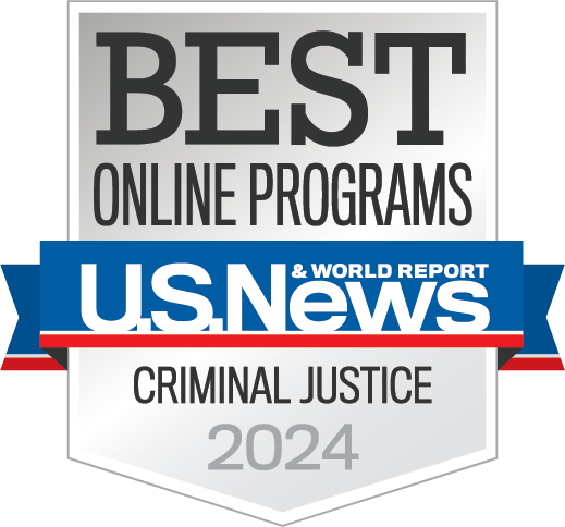 U.S. News & World Report badge for Best Online Programs, specific to master's degree in criminal justice programs in 2024.