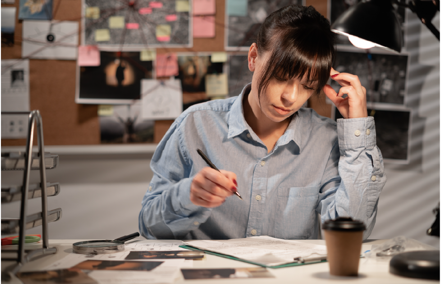 A woman in a blue button-up shirt sits at a desk, analyzing documents and writing notes. Behind her, a corkboard filled with photos, notes, and string connections suggests an investigative setting. A desk lamp casts focused lighting, and a coffee cup sits nearby.