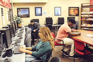 Student enjoying office amenities