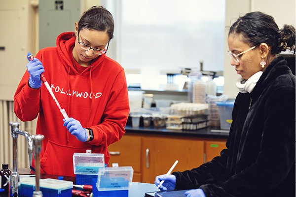 A student wearing lab gloves conducts an experiment in a science lab.