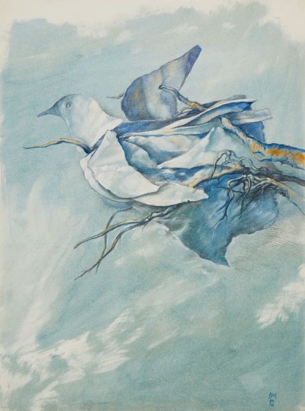 Pieces of paper stuck on a branch have come together to form the shape of a bird against a blue grey sky.