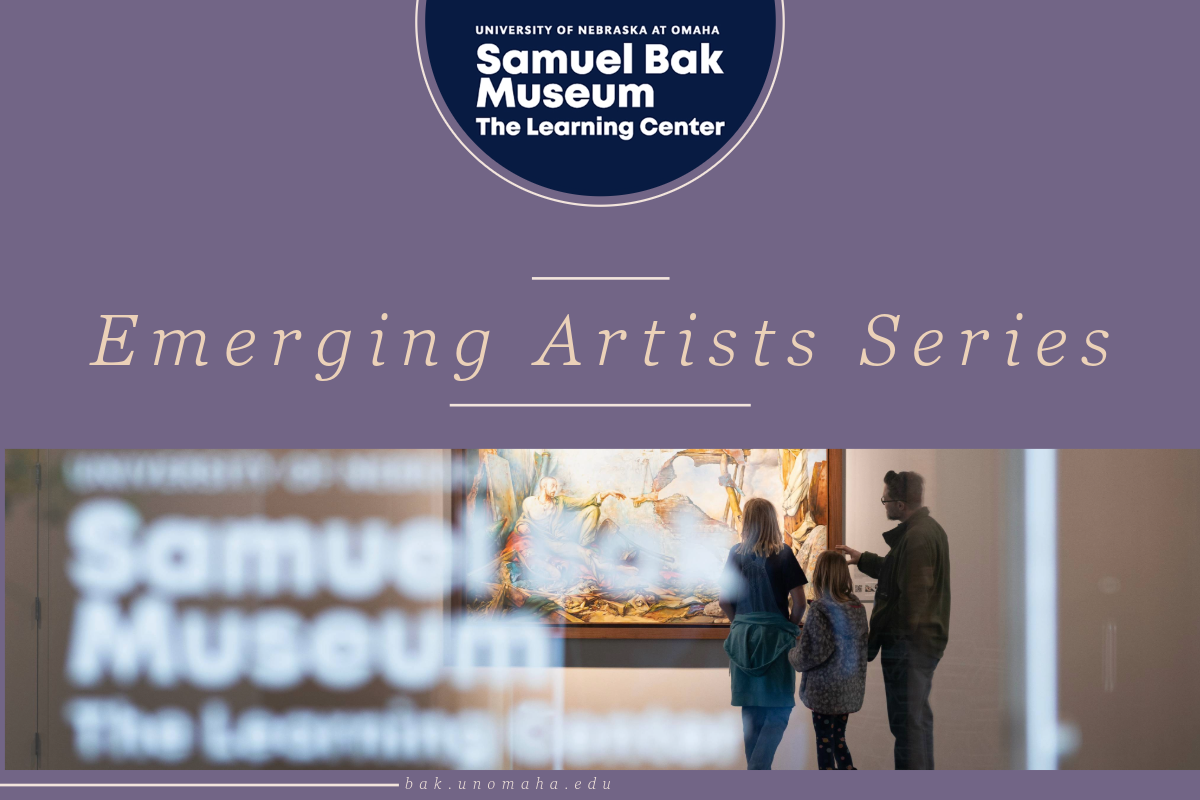  SBMLC Emerging Artist Series Graphic. Top centered circle on a purple background, SBMLC logo. The bottom half of the graphic is a photo taken through the glass entrance door. The SBMLC logo on the door is blurred and a family looks at one of Bak’s painting in the background.