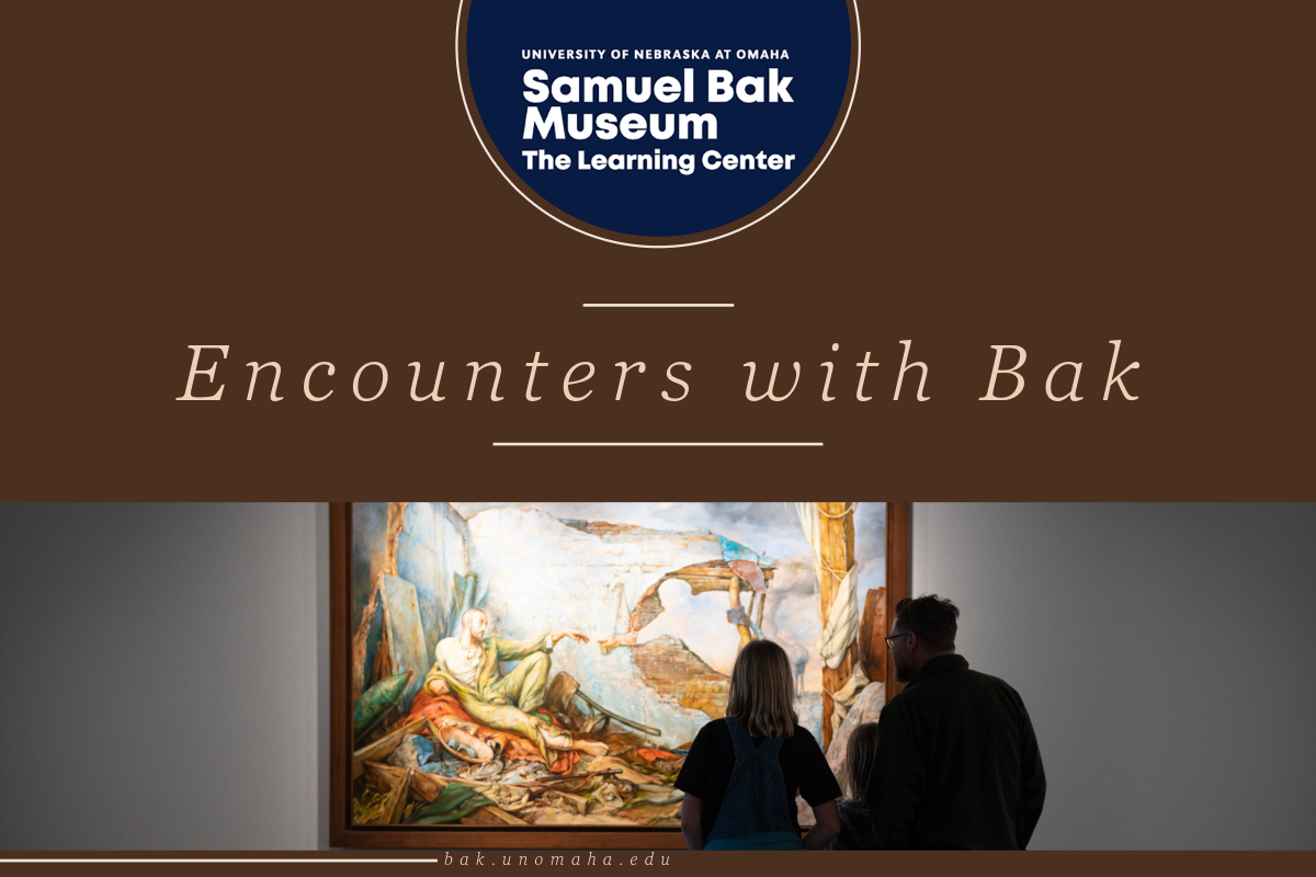 SBMLC Encounters with Bak Graphic. Top centered circle on a brown background, SBMLC logo. Bottom half of graphic has three images of Bak paintings.