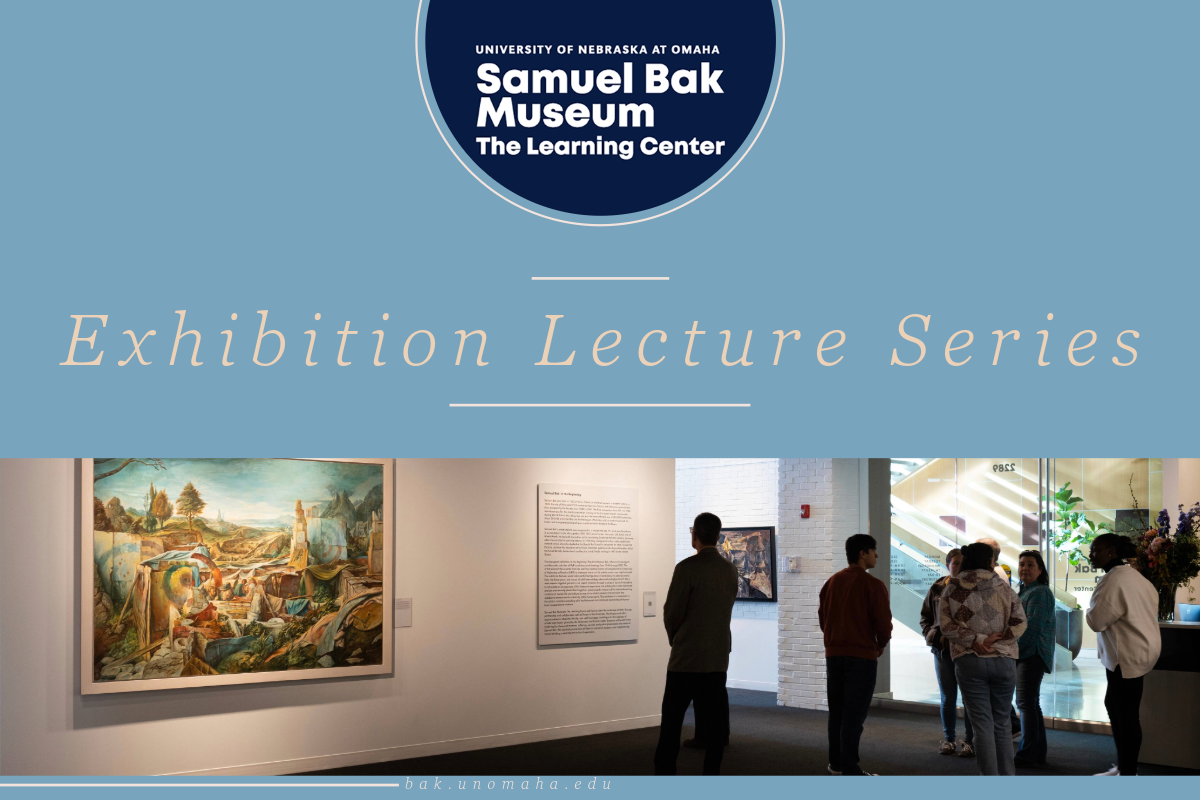 SBMLC Exhibition Lecture Series Graphic. Top centered circle on a blue background, SBMLC logo. The bottom half of the graphic has a group of people looking a paintings in the SBMLC gallery.