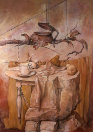 Samuel Bak, Unknown, Oil on canvas, 24 1/8 x 20 1/8 inches, Collection of Samuel Bak Museum: The Learning Center. A surreal still life of a table set for tea time. 
