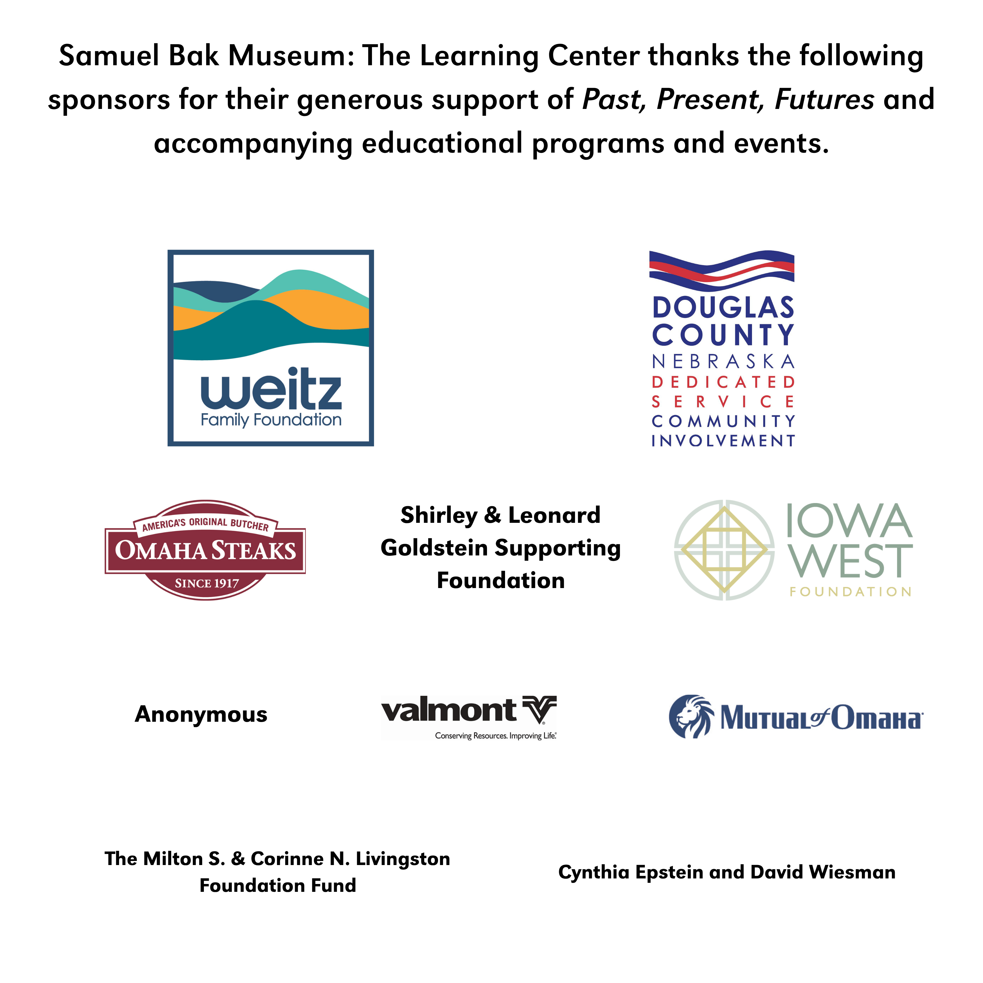 Samuel Bak Museum thanks sponsors of Past, Present, Futures. A grid shows logos and various individual names.