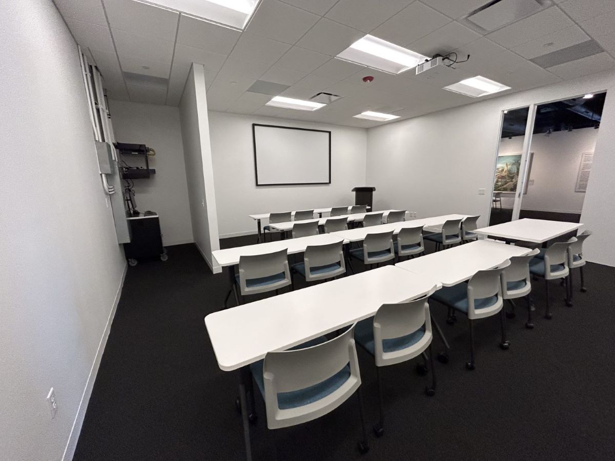 Samuel Bak Museum: The Learning Center Classroom showing the Classroom Set-up Style for tables and chairs.