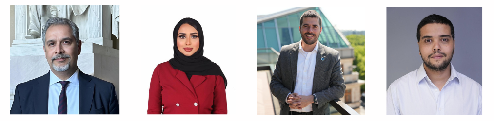 Four professional headshots: a man in a suit, a woman in a red blazer and hijab, a man in a blazer outdoors, and a man in a white shirt.
