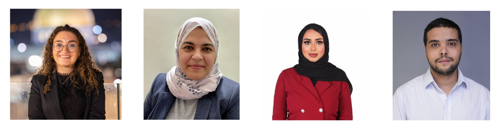 Four headshots of speakers: A woman with glasses and curly hair, two women wearing hijabs, and a man in a white button-down shirt.