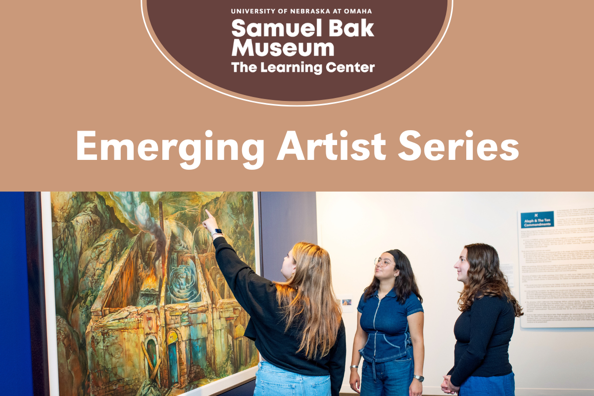 SBMLC Emerging Artist Series graphic. Top centered circle on a plum brown background, SBMLC logo. The bottom half of the graphic has a three college students looking at a Samuel Bak painting, one student is point to the painting.