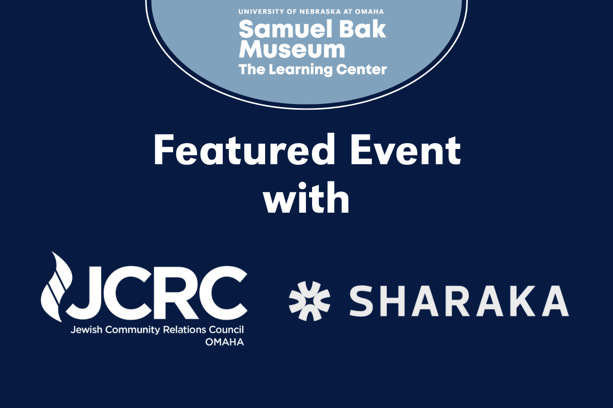 A graphic tile for a featured event that includes logos for Samuel Bak Museum: The Learning Center, JCRC, and Sharaka