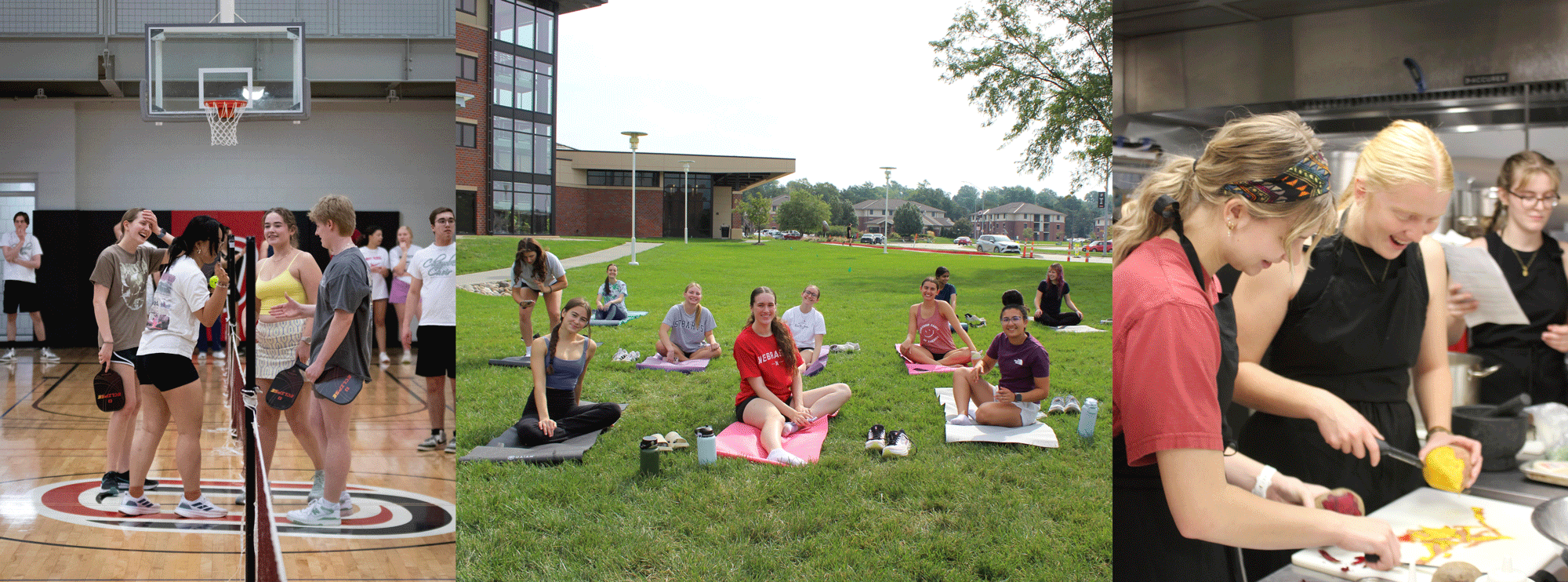 Three photos of Scott Scholars participating in different wellness activities, including pickleball, yoga, and cooking classes.