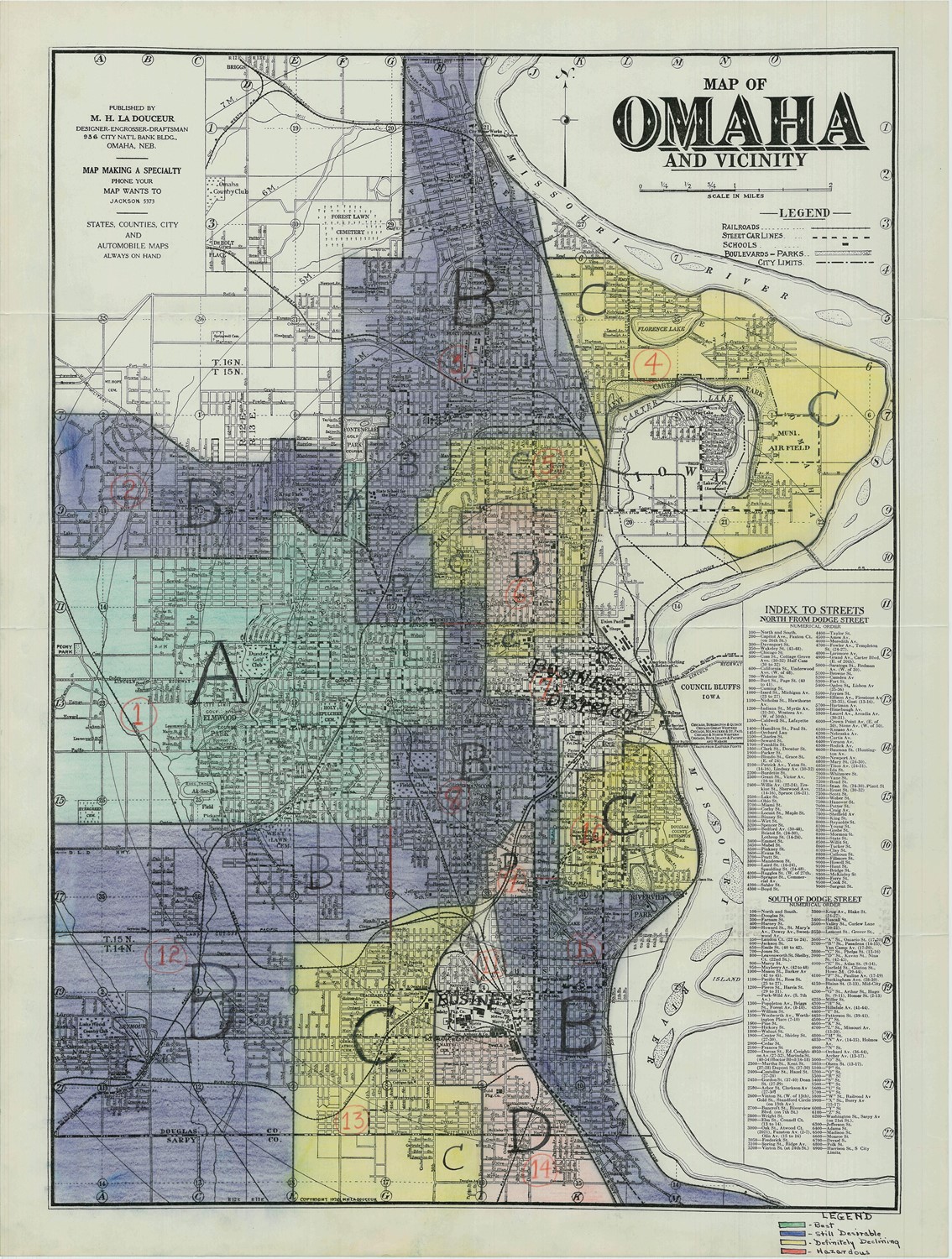 The 1935 Omaha Home Owner Loan Corporation map designated neighborhoods in North and South Omaha as yellow and red, while neighborhoods in West Omaha are designated gree