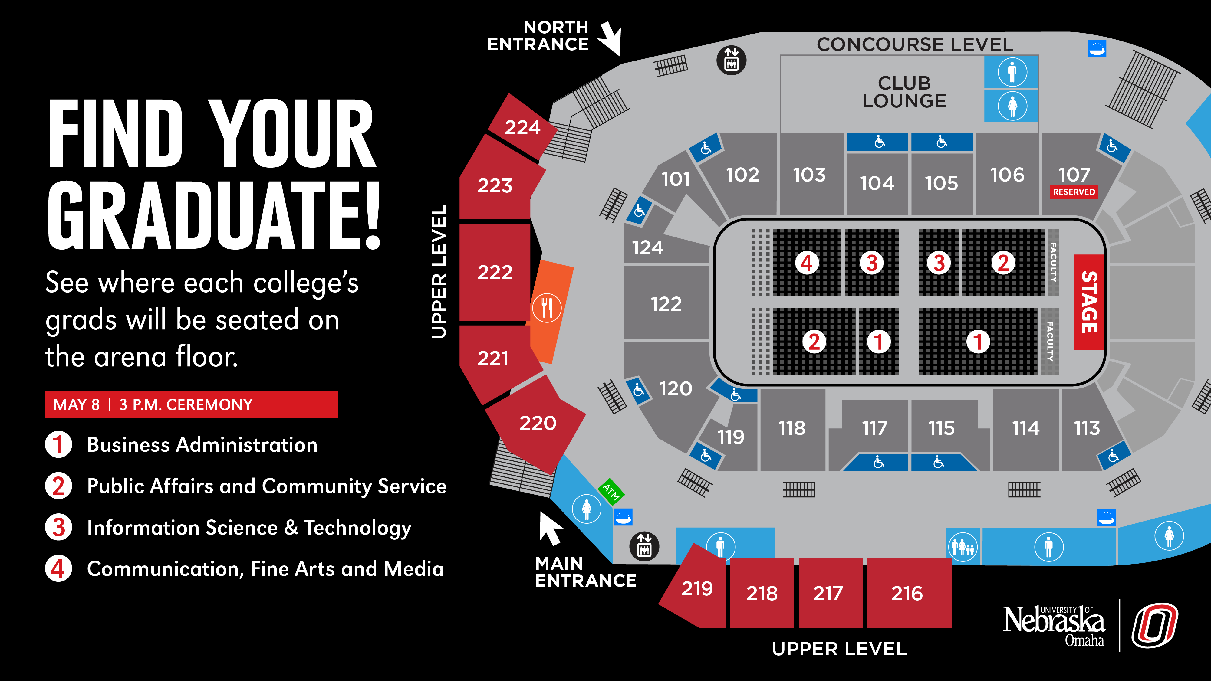 Map showing graduation floor layout for the 3pm ceremony.