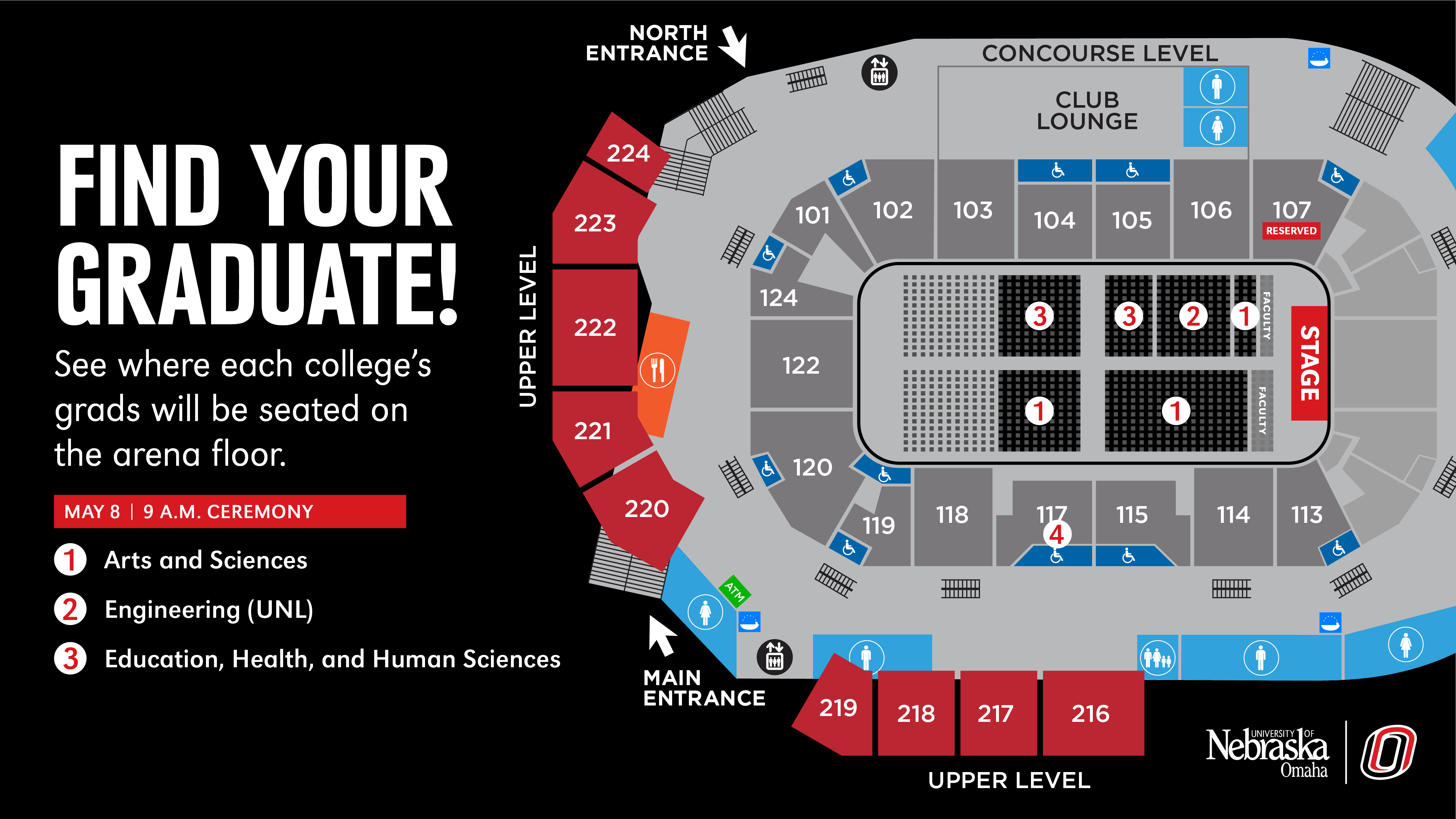 Map showing the graduation floor layout for the 9am ceremony.