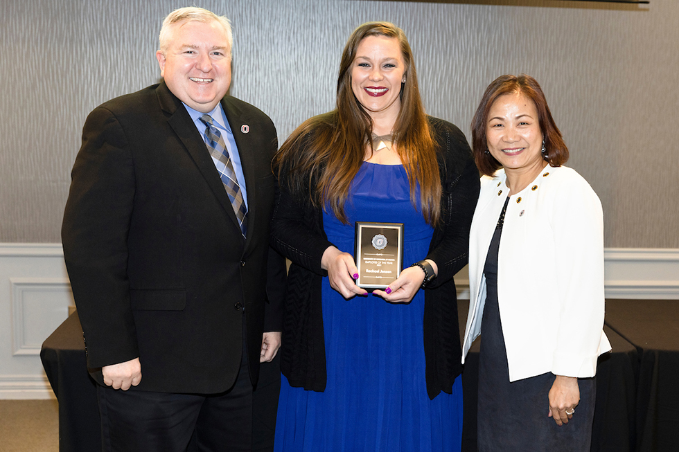 The Faculty Senate/Staff Advisory Council/Academic Advising Council Recognition Banquet was held at the Thompson Alumni Center on the campus of the University of Nebraska Omaha on Monday, May 16, 2022, in Omaha, Nebraska.  From left: Steven Kerrigan, Assistant Vice Chancellor of Human Resources, Rachael Jensen, and Chancellor Joanne Li.