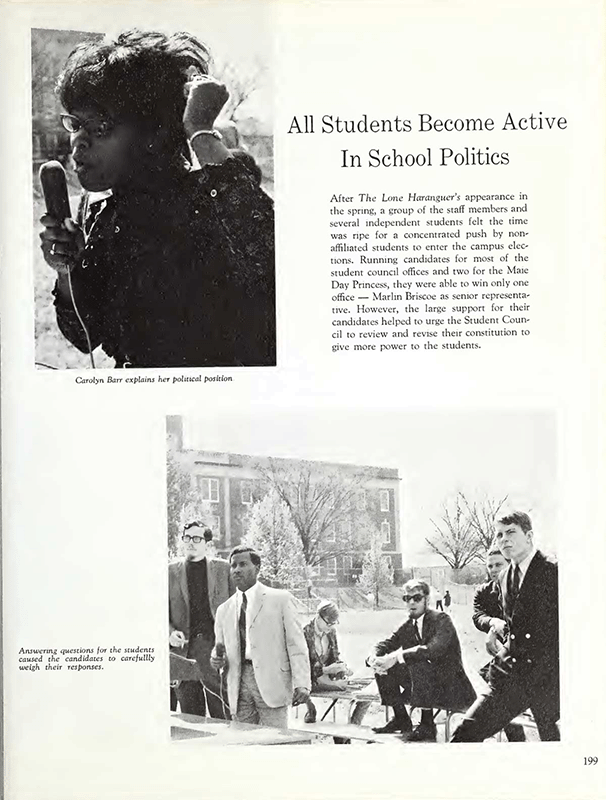 A college of images from the yearbook centered around the theme of "All Students Become Active in School Politics."