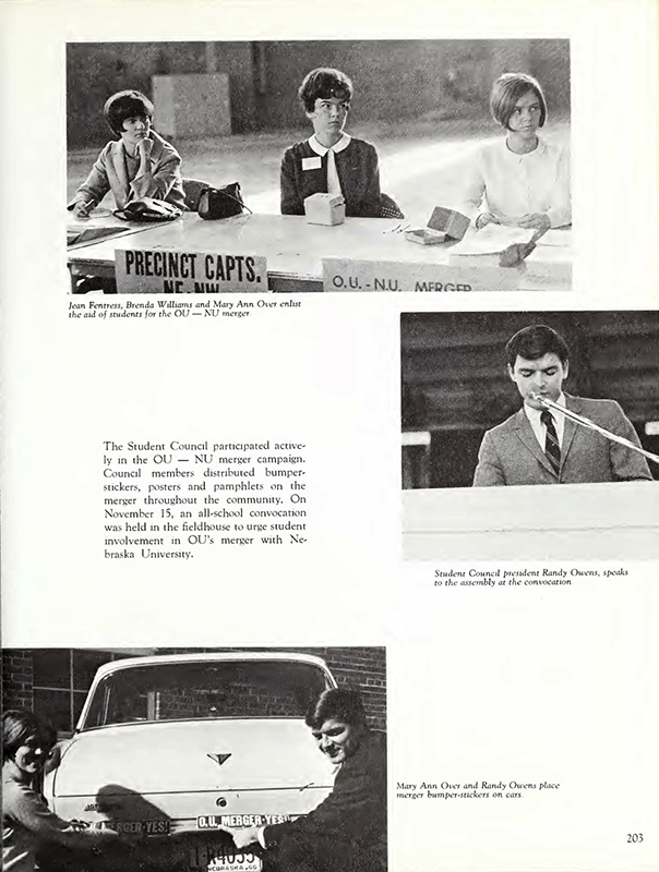 A collage of images from the yearbook showing student involvement in a university merger campaign.