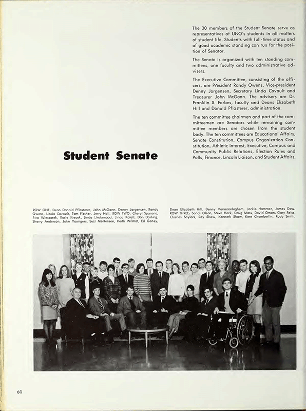 A group photo of all student senators along with text about the ten committees and advisers. 