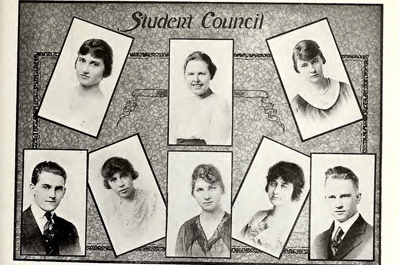 A decorative collage of student portraits with their last name and the heading "Student Council."