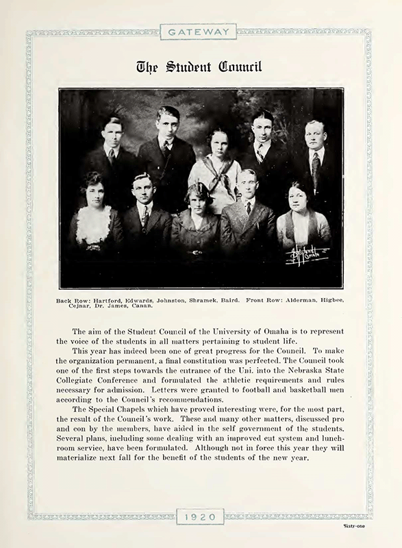 A group photo of that the 1920 Student Council along with updates about what the council has done.