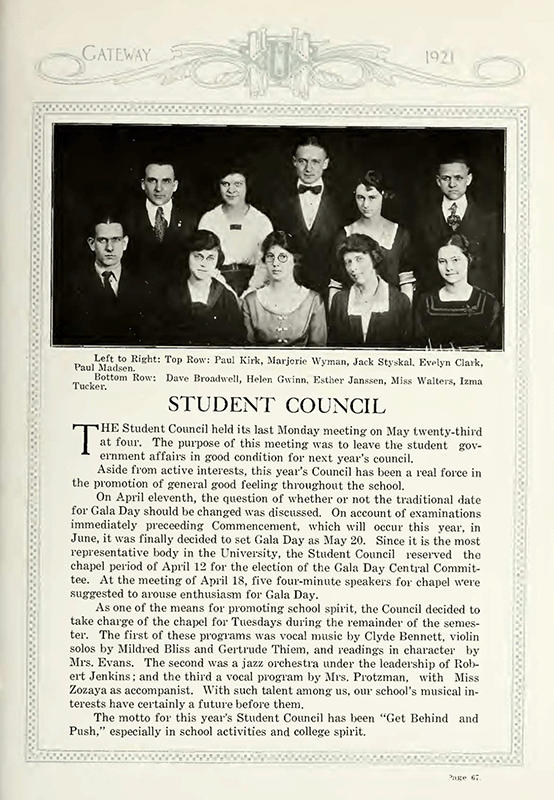 A group photo of that the 1920 Student Council along with updates about what the council has done.
