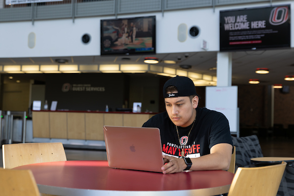 Student on laptop studying.