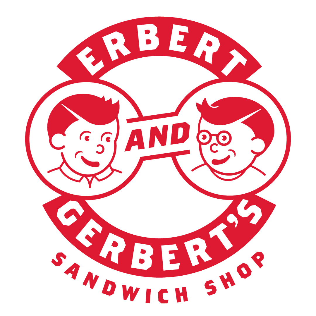 White letters outlined in red spelling "Erbert and Gerbert's Sandwich Shop"