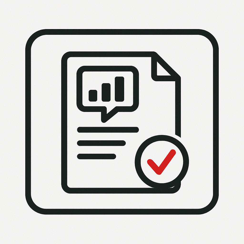A document icon with horizontal lines indicating text with a checkmark in the corner and a comment bubble or bar chart near the top of the page showing feedback/assessment.