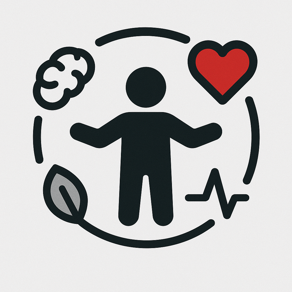 A central human figure with arms open surrounded by a circle of simple shapes representing a leaf, heart, brain, and pulse line) to suggest wellbeing dimensions.