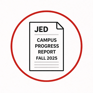 Icon representing the JED Campus Progress Report Fall 2025, shown as a document inside a red circular border.