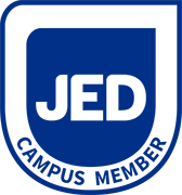 Blue and white shield logo with the large white letters “JED” centered inside a blue shield, surrounded by a white border that reads “Campus Member” in blue text along the bottom curve.