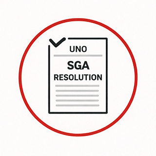 Icon representing the UNO Student Government Association Resolution document, shown as a paper labeled “UNO SGA Resolution” inside a red circular border.