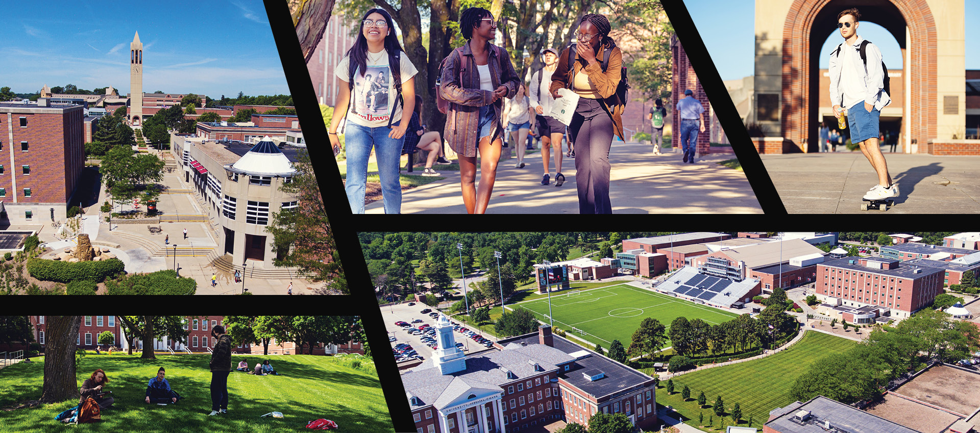 Collage of images showcasing different parts of campus and students on campus.