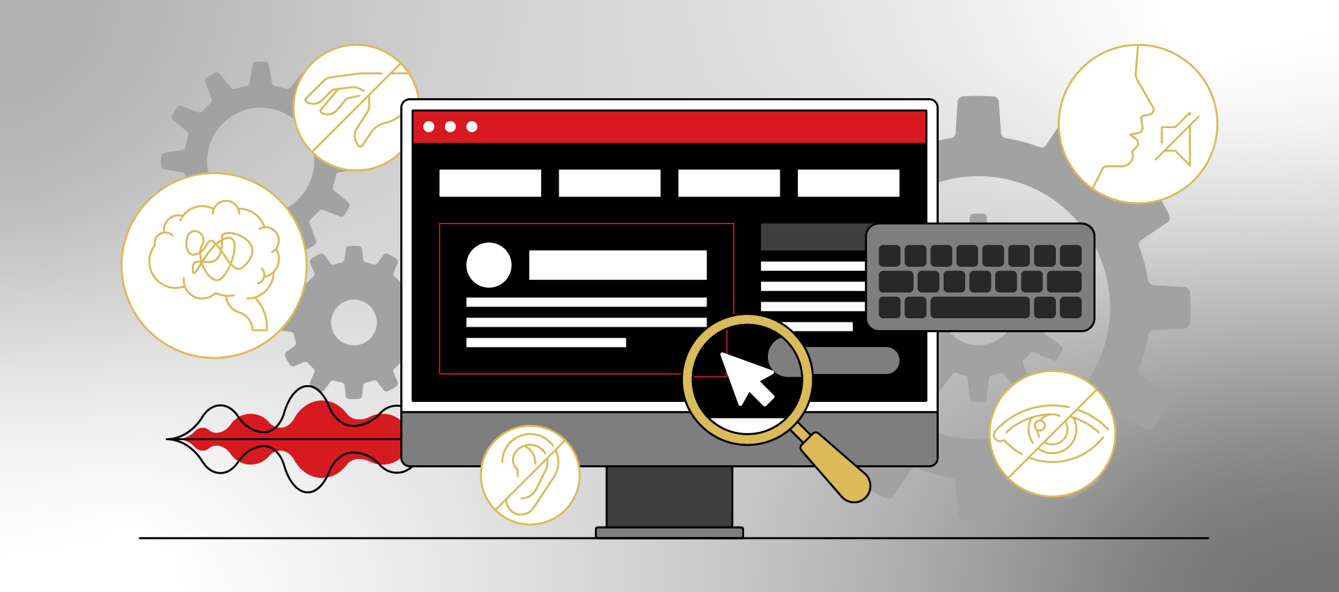 Graphic illustration of computer with keyboard and circles conveying accessibility issues