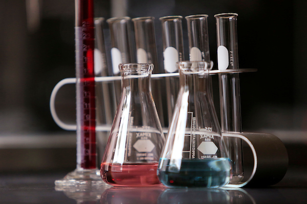 Test tubes and beakers in the Durham Science Center.